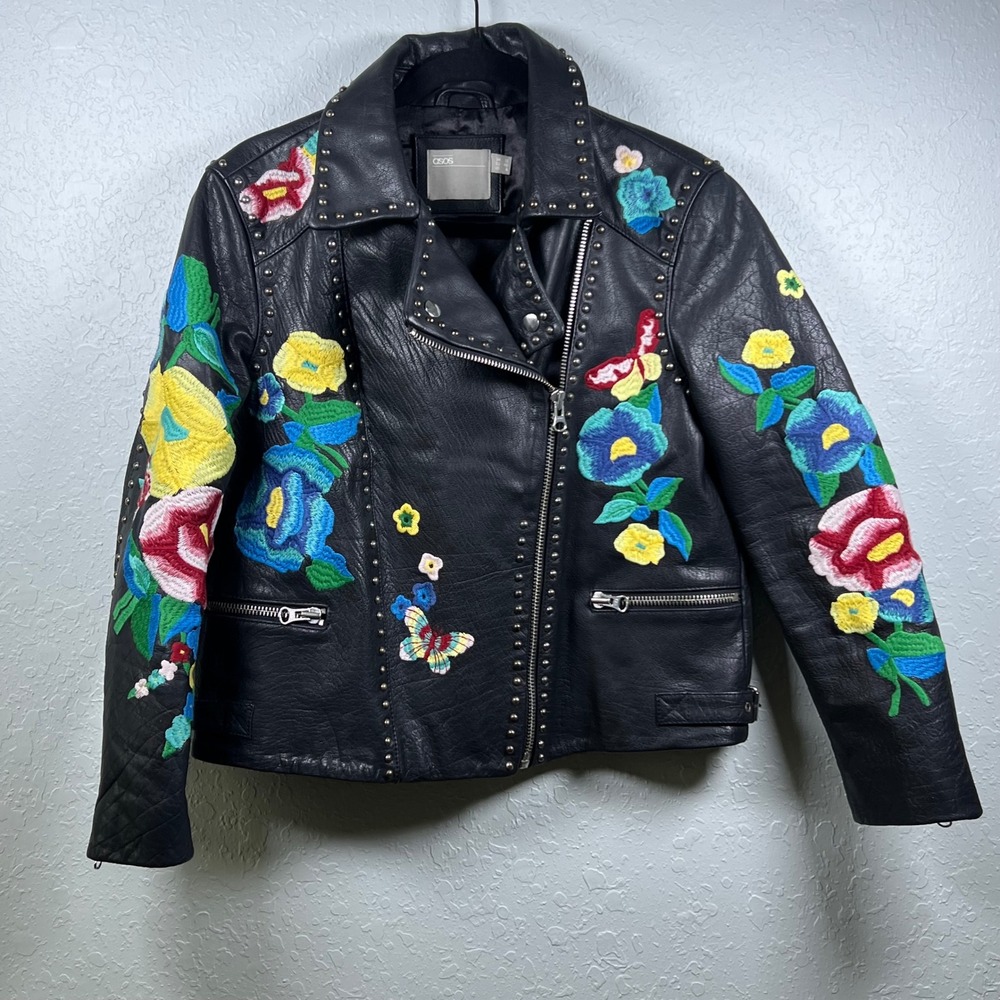 ASOS Moto Leather Jacket Womens 2 Embroidered Studded Biker Black Boho Cowgirl
